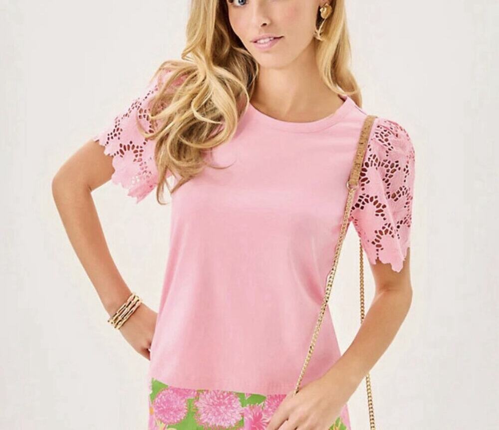 Lilly Pulitzer Sebene Knit Top Women's XL Conch Shell Pink Floral Eyelet Sleeve